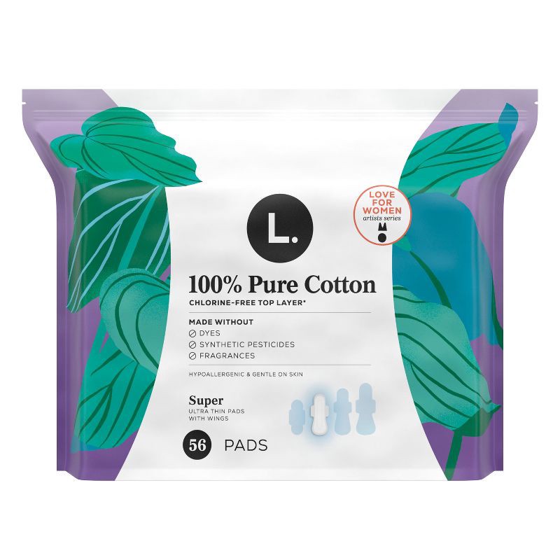 slide 10 of 10, L . Pure Cotton Chlorine Free Top Layer Ultra Thin Super With Wings Unscented Absorbency Pads - 56ct, 56 ct