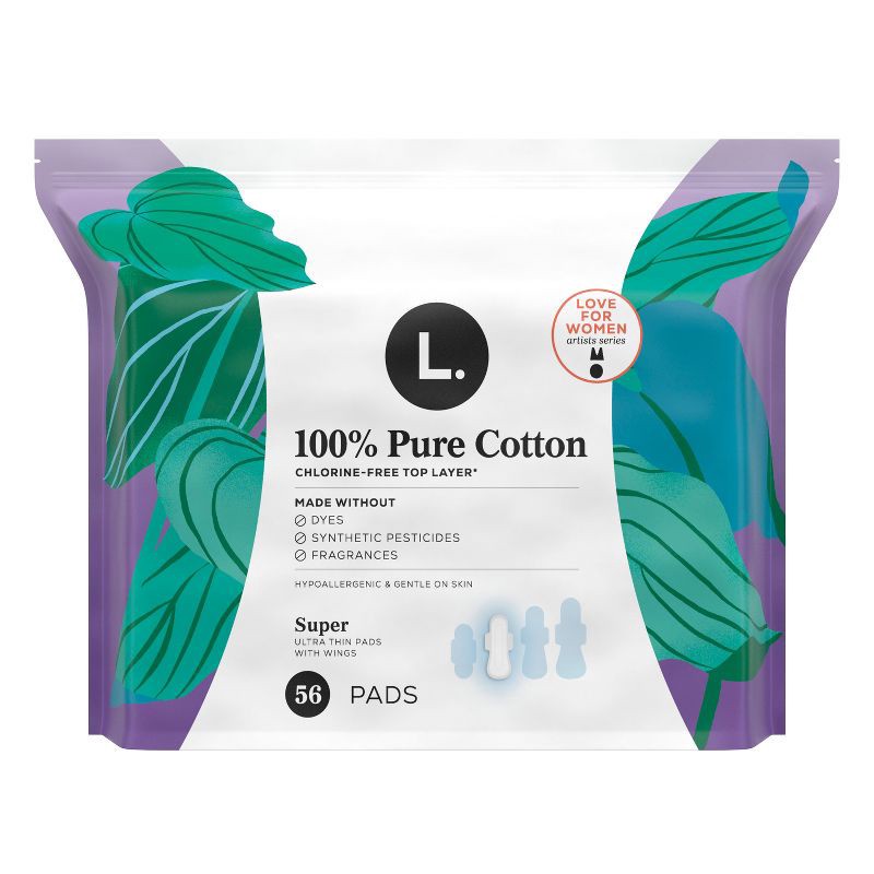 slide 11 of 13, L . Pure Cotton Chlorine Free Top Layer Ultra Thin Super With Wings Unscented Absorbency Pads - 56ct, 56 ct