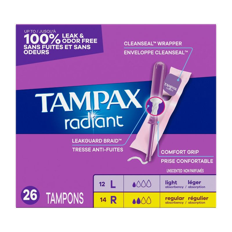 slide 14 of 14, Tampax Radiant Duo-Pack Light/Regular Absorbency Unscented Tampons - 26ct, 26 ct