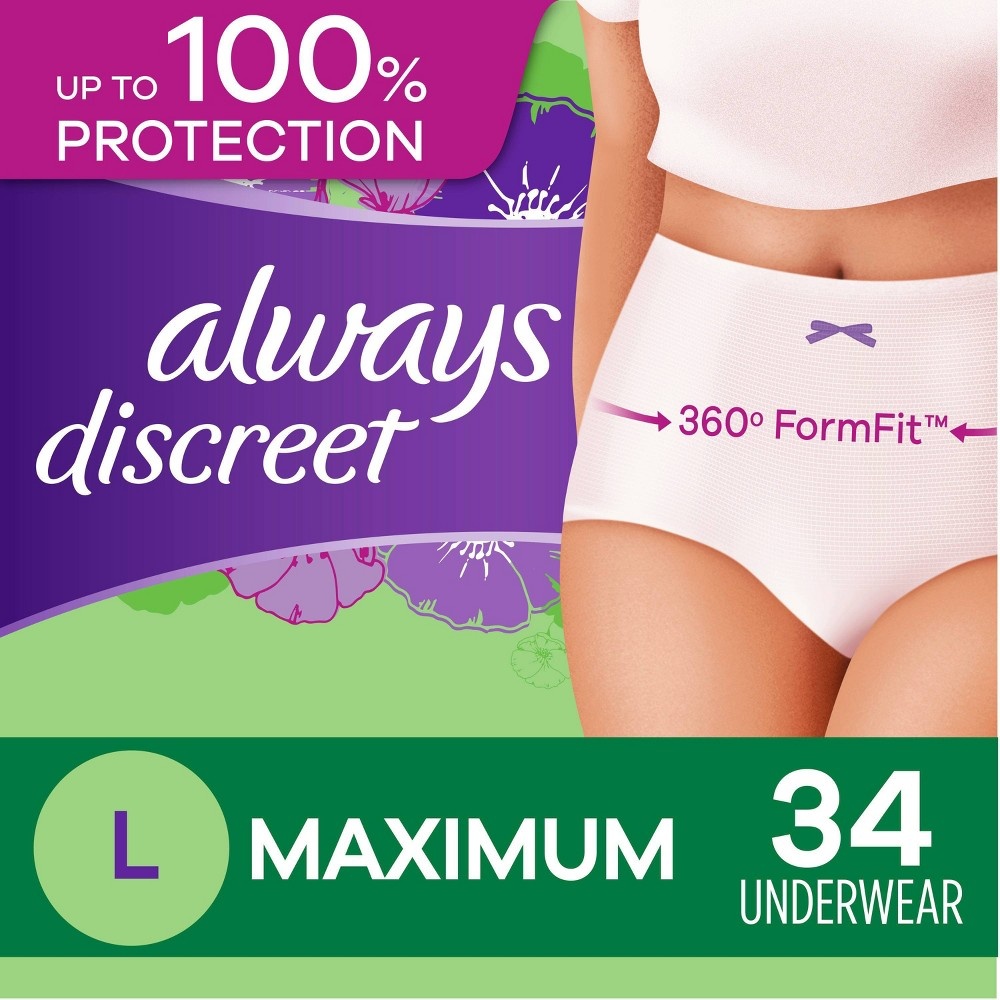 slide 3 of 5, Always Discreet Incontinence & Postpartum Incontinence Underwear for Women - Maximum Absorbency - Large - 34ct, 34 ct