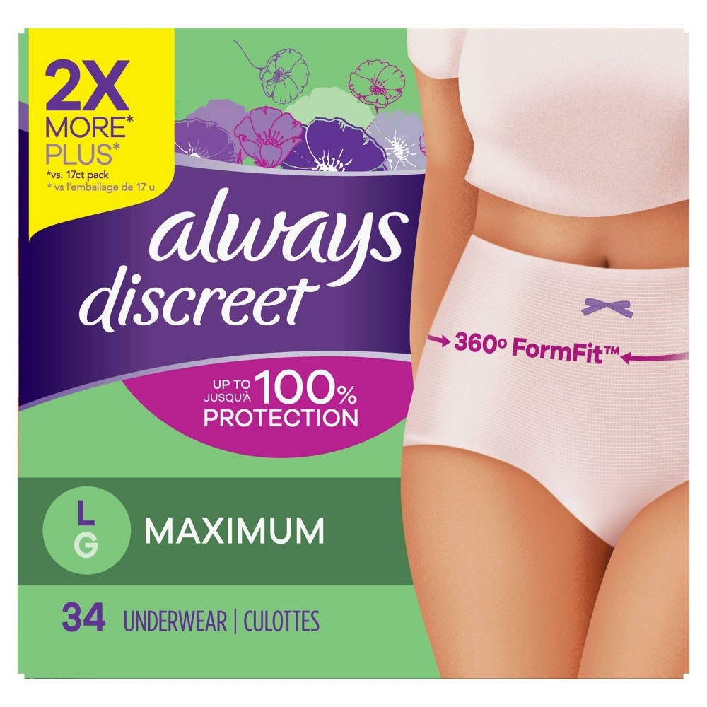 slide 5 of 5, Always Discreet Incontinence & Postpartum Incontinence Underwear for Women - Maximum Absorbency - Large - 34ct, 34 ct