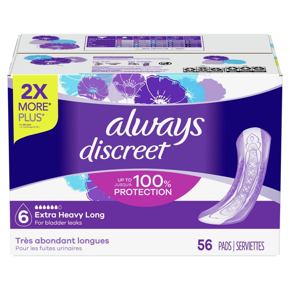 slide 5 of 8, Always Discreet Incontinence and Postpartum Incontinence Pads for Women - Extra Heavy Absorbency - Long Length, 56 ct