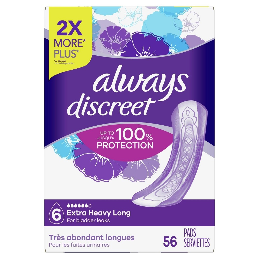 slide 6 of 8, Always Discreet Incontinence and Postpartum Incontinence Pads for Women - Extra Heavy Absorbency - Long Length, 56 ct