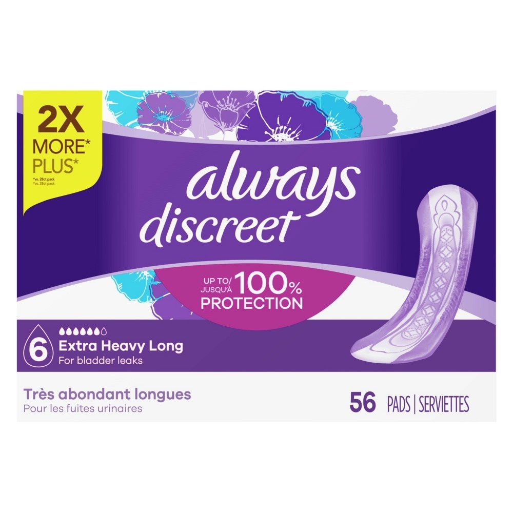 slide 7 of 8, Always Discreet Incontinence and Postpartum Incontinence Pads for Women - Extra Heavy Absorbency - Long Length, 56 ct