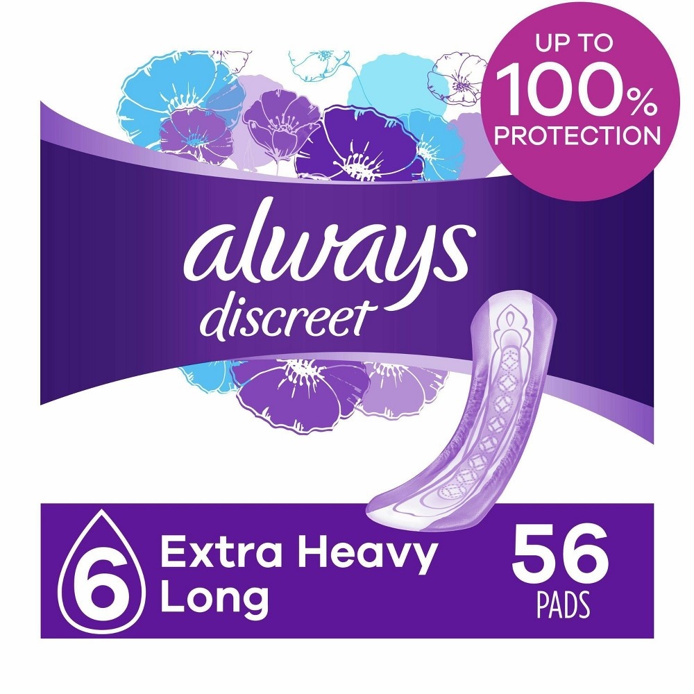 slide 8 of 8, Always Discreet Incontinence and Postpartum Incontinence Pads for Women - Extra Heavy Absorbency - Long Length, 56 ct