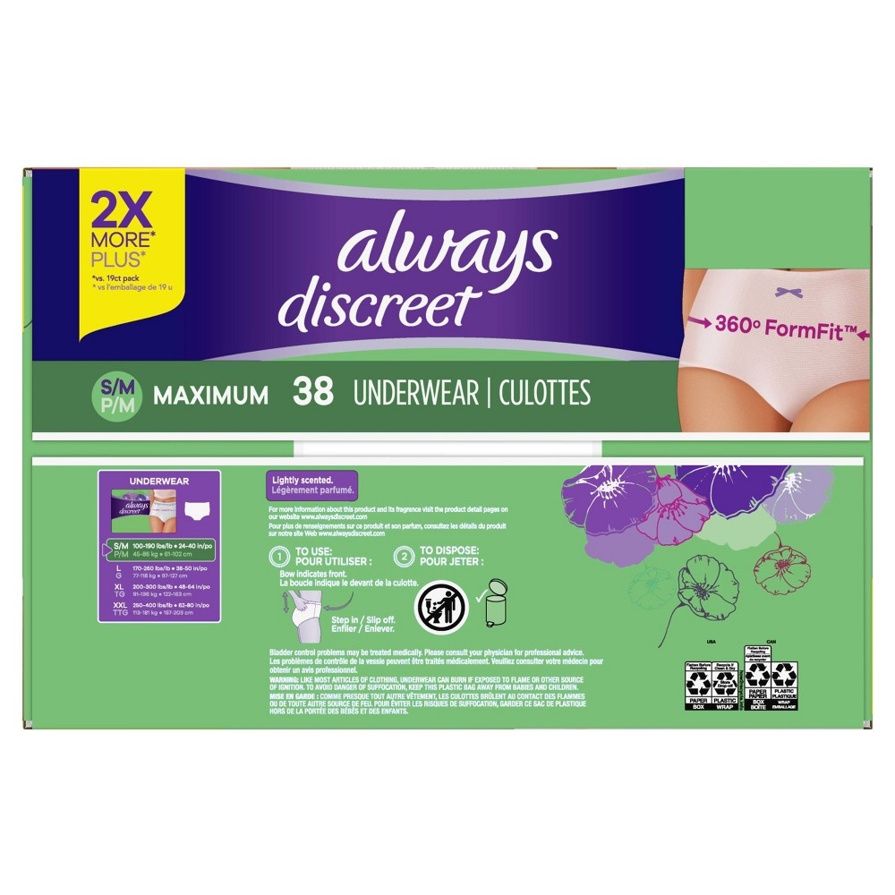 Always Discreet Incontinence & Postpartum Incontinence Underwear for Women  - Maximum Protection - S/M - 38ct 38 ct
