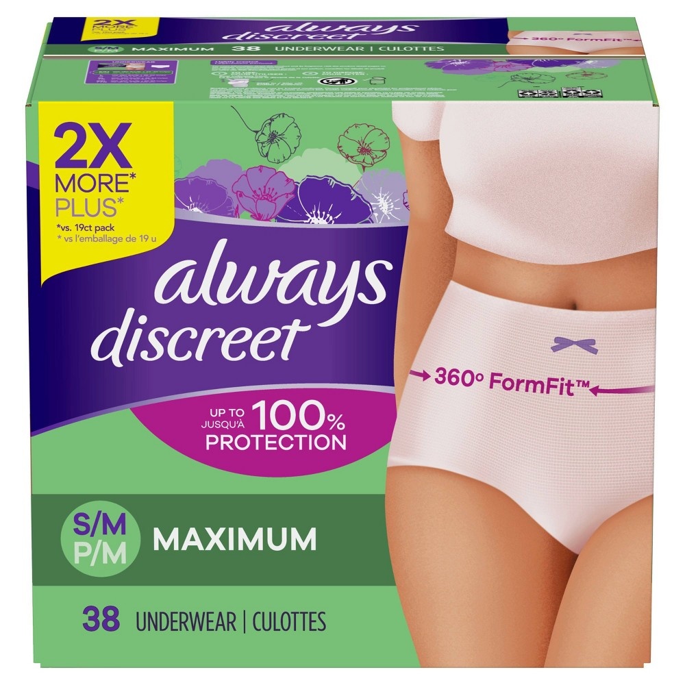 slide 8 of 8, Always Discreet Incontinence & Postpartum Incontinence Underwear for Women - Maximum Protection - S/M - 38ct, 38 ct