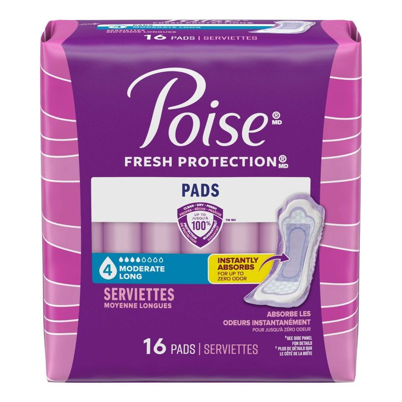 slide 2 of 6, Poise Incontinence Pads for Women - Moderate Absorbency - 4 Drop - Long - 16ct, 16 ct