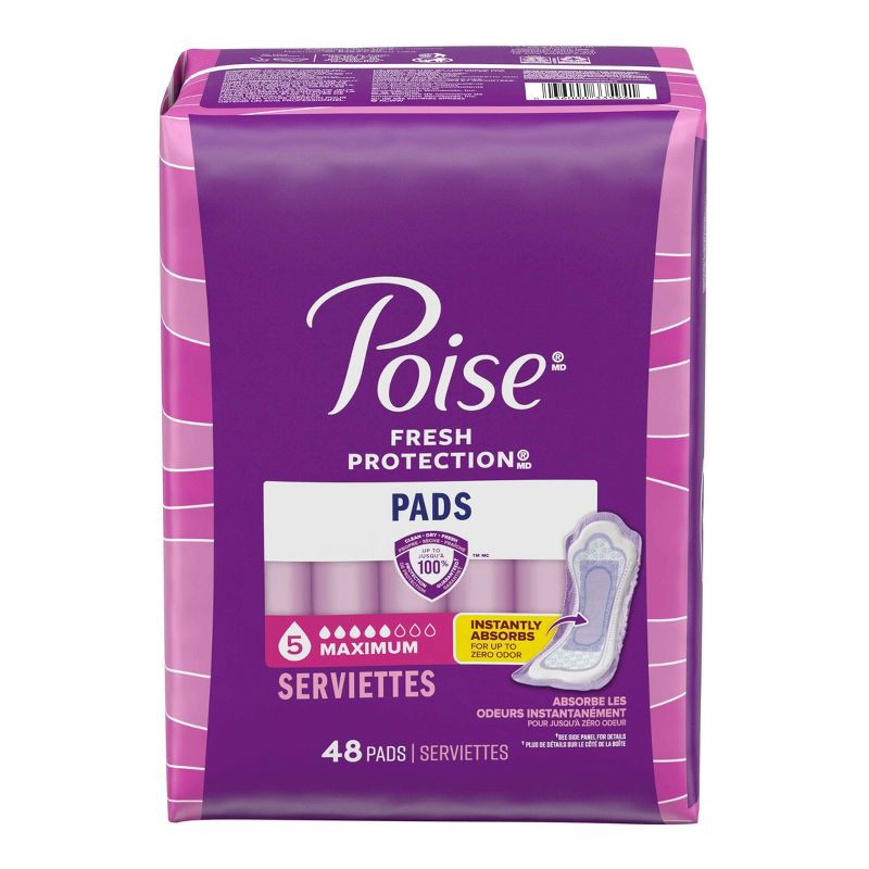 slide 2 of 5, Poise Incontinence Pads for Women - Maximum Absorbency - 5 Drop - Regular - 48ct, 48 ct