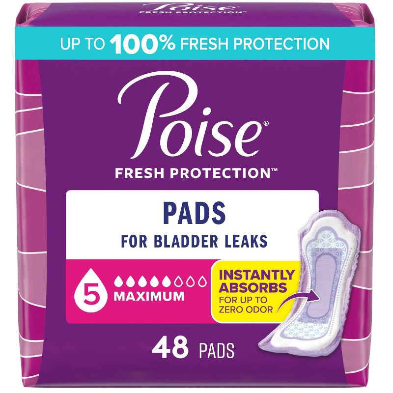 slide 1 of 5, Poise Incontinence Pads for Women - Maximum Absorbency - 5 Drop - Regular - 48ct, 48 ct