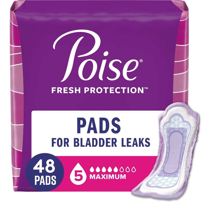 slide 1 of 4, Poise Incontinence Pads for Women - Maximum Absorbency - 5 Drop - Regular - 48ct, 48 ct