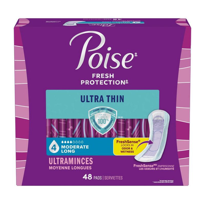 slide 2 of 7, Poise Ultra Thin Incontinence Pads for Women - Moderate Absorbency - 4 Drop - Long - 48ct, 48 ct