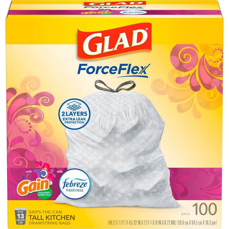 slide 2 of 16, Glad ForceFlex White Trash Bags Gain Moonlight Breeze Scent with Febreze Freshness 13gal - 100ct, 13 gal, 100 ct