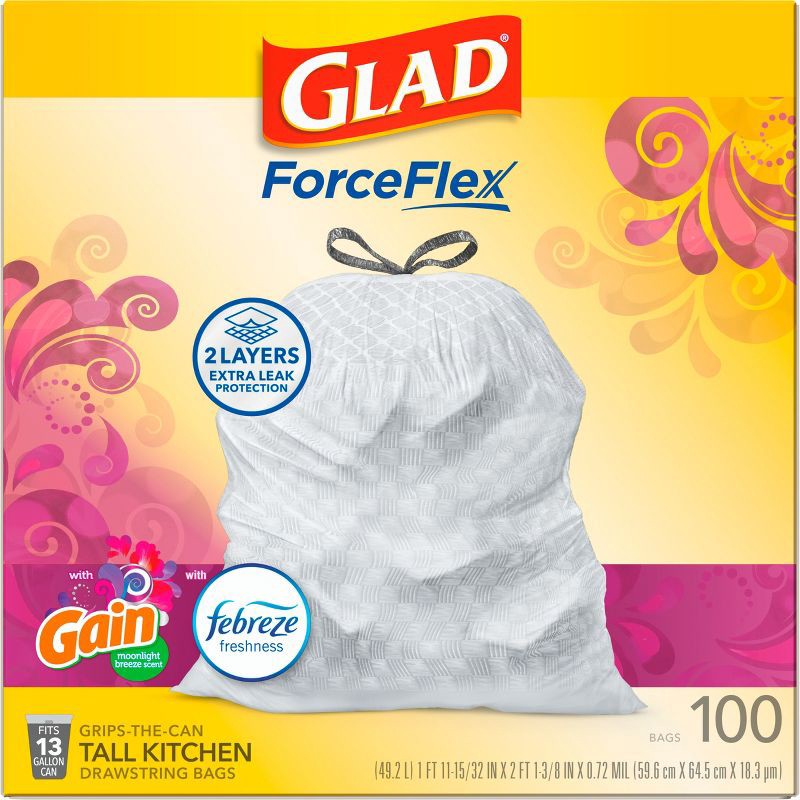 slide 13 of 16, Glad ForceFlex White Trash Bags Gain Moonlight Breeze Scent with Febreze Freshness 13gal - 100ct, 13 gal, 100 ct