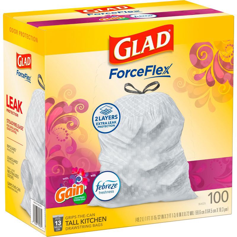 slide 10 of 16, Glad ForceFlex White Trash Bags Gain Moonlight Breeze Scent with Febreze Freshness 13gal - 100ct, 13 gal, 100 ct