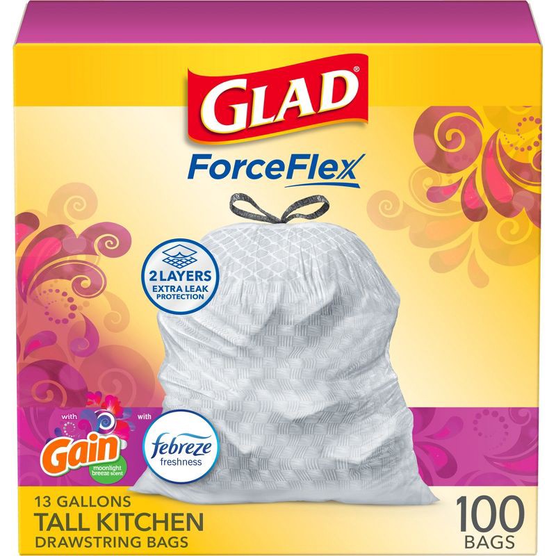 slide 1 of 16, Glad ForceFlex White Trash Bags Gain Moonlight Breeze Scent with Febreze Freshness 13gal - 100ct, 13 gal, 100 ct