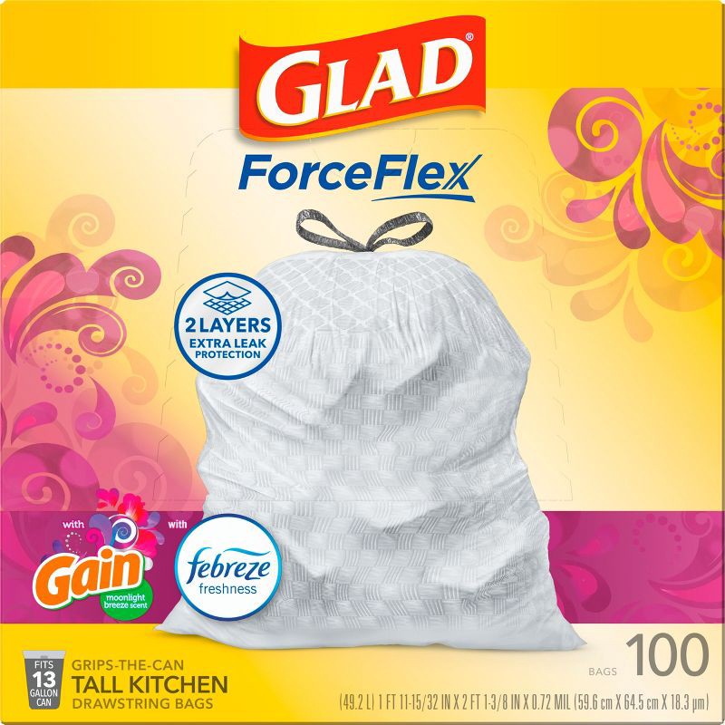 slide 5 of 16, Glad ForceFlex White Trash Bags Gain Moonlight Breeze Scent with Febreze Freshness 13gal - 100ct, 13 gal, 100 ct