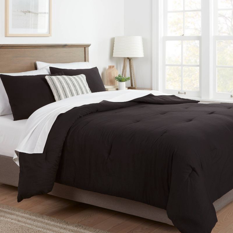 slide 1 of 4, Full/Queen Washed Cotton Sateen Comforter and Sham Set Black - Threshold™: OEKO-TEX Certified, Midweight Fabric, Zipper Closure, 1 ct