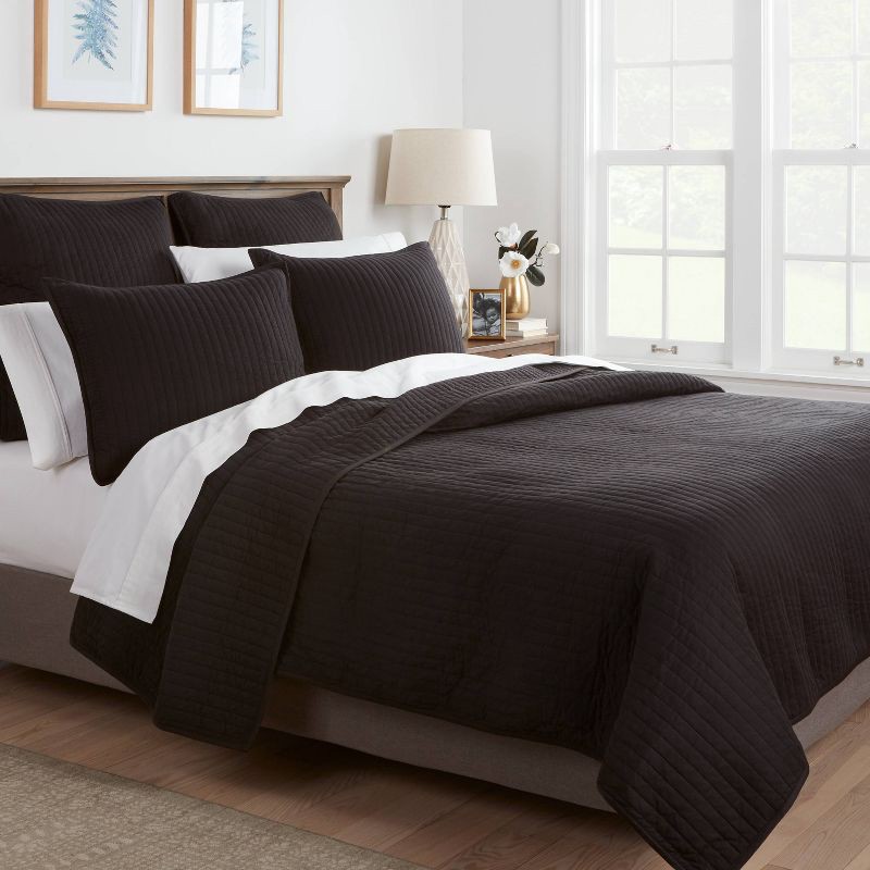 slide 2 of 4, King Washed Cotton Sateen Quilt Black - Threshold™: OEKO-TEX Certified, Midweight, All Ages, 1 ct