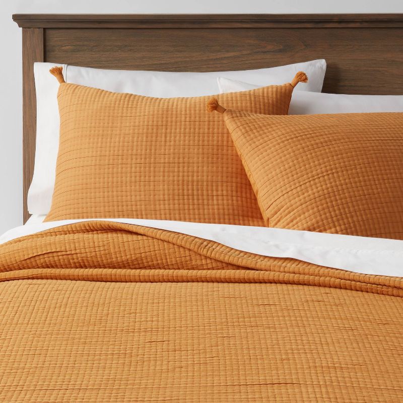 slide 2 of 4, Standard Double Cloth Quilt Sham Mustard - Threshold™: Cotton & Polyester Blend, Zipper Closure, OEKO-TEX Certified, 1 ct