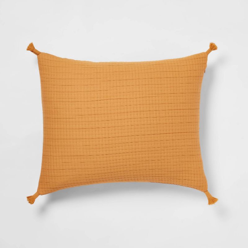 slide 1 of 4, Standard Double Cloth Quilt Sham Mustard - Threshold™: Cotton & Polyester Blend, Zipper Closure, OEKO-TEX Certified, 1 ct