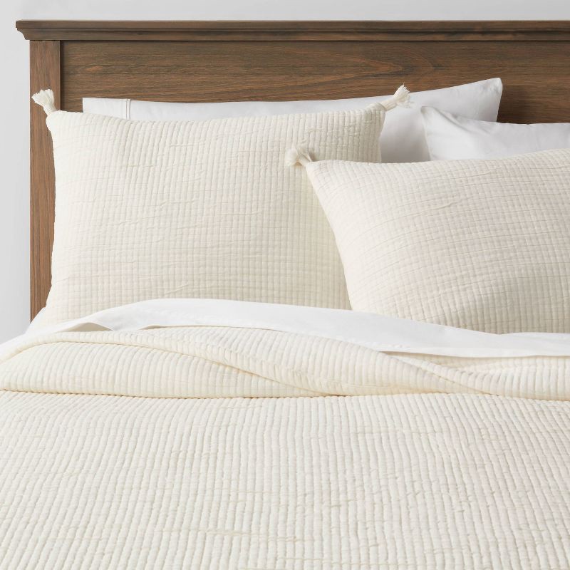 slide 2 of 4, Standard Double Cloth Quilt Sham Cream - Threshold™: OEKO-TEX Certified, Jacquard Weave, Zipper Closure, No Flange, 1 ct