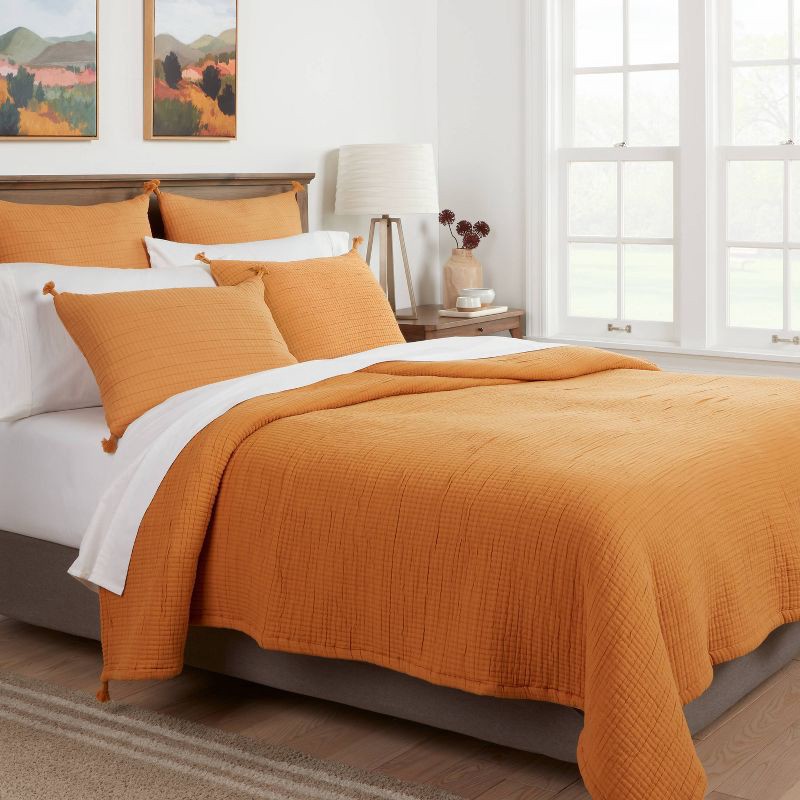 slide 2 of 4, Full/Queen Double Cloth Quilt Mustard - Threshold™: Cotton Blend, Jacquard Weave, OEKO-TEX Certified, 1 ct