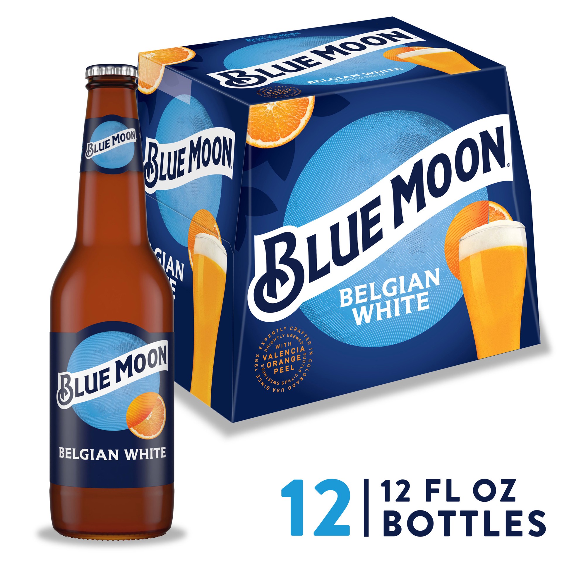 slide 1 of 5, Blue Moon Belgian White Wheat Ale, 5.4% ABV, 12-pack 12-oz. beer bottles, 12 fl oz