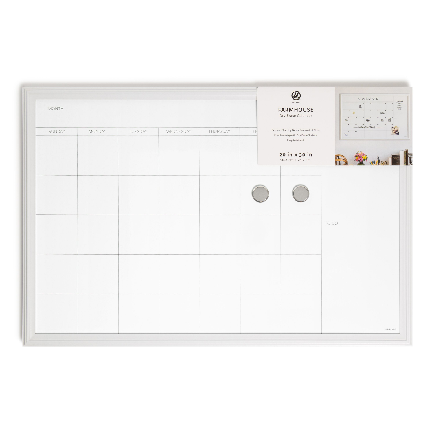 slide 1 of 2, U Brands 30 x 20 in. Magnetic Dry Erase Calendar Board, White Wood Style Frame, 1 ct