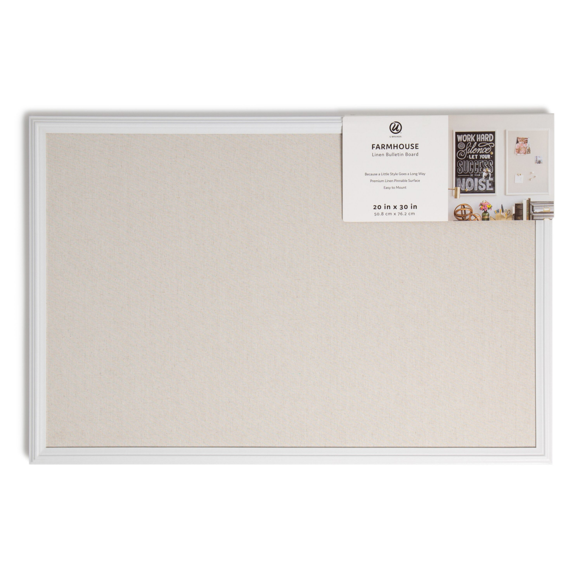 slide 1 of 3, U Brands Farmhouse Linen Bulletin Board, 20x30 in., White Wood Style Frame, Includes Push Pins, 20 in x 30 in