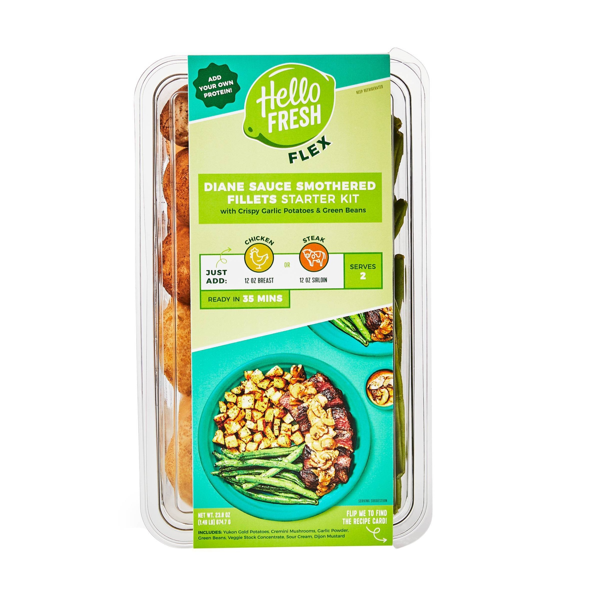 slide 1 of 3, HelloFresh Flex Diane Sauce Entrée With Garlic Potatoes & Green Beans Meal Starter Kit, 23.8 oz