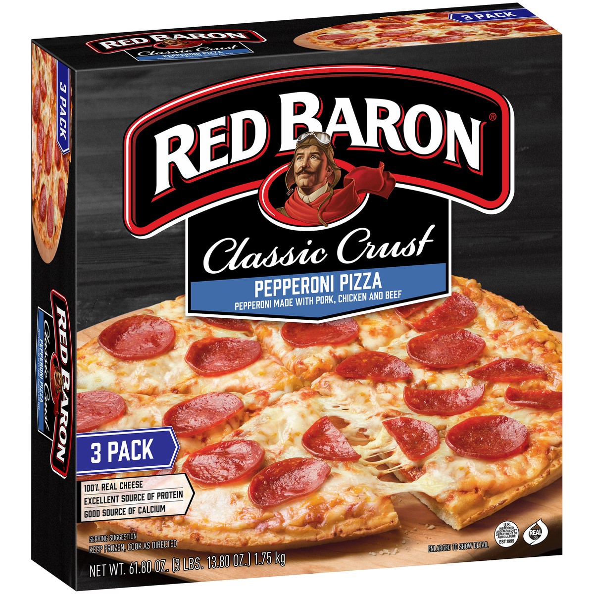 slide 3 of 9, Red Baron Classic Crust Pepperoni Pizza 3 ct Box, 61.81 oz