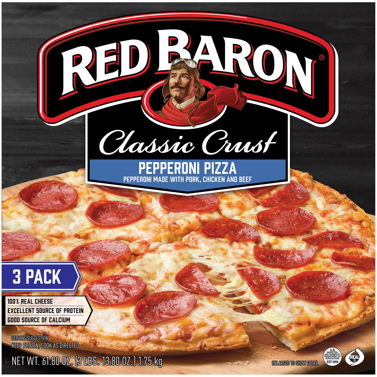 slide 2 of 9, Red Baron Classic Crust Pepperoni Pizza 3 ct Box, 61.81 oz