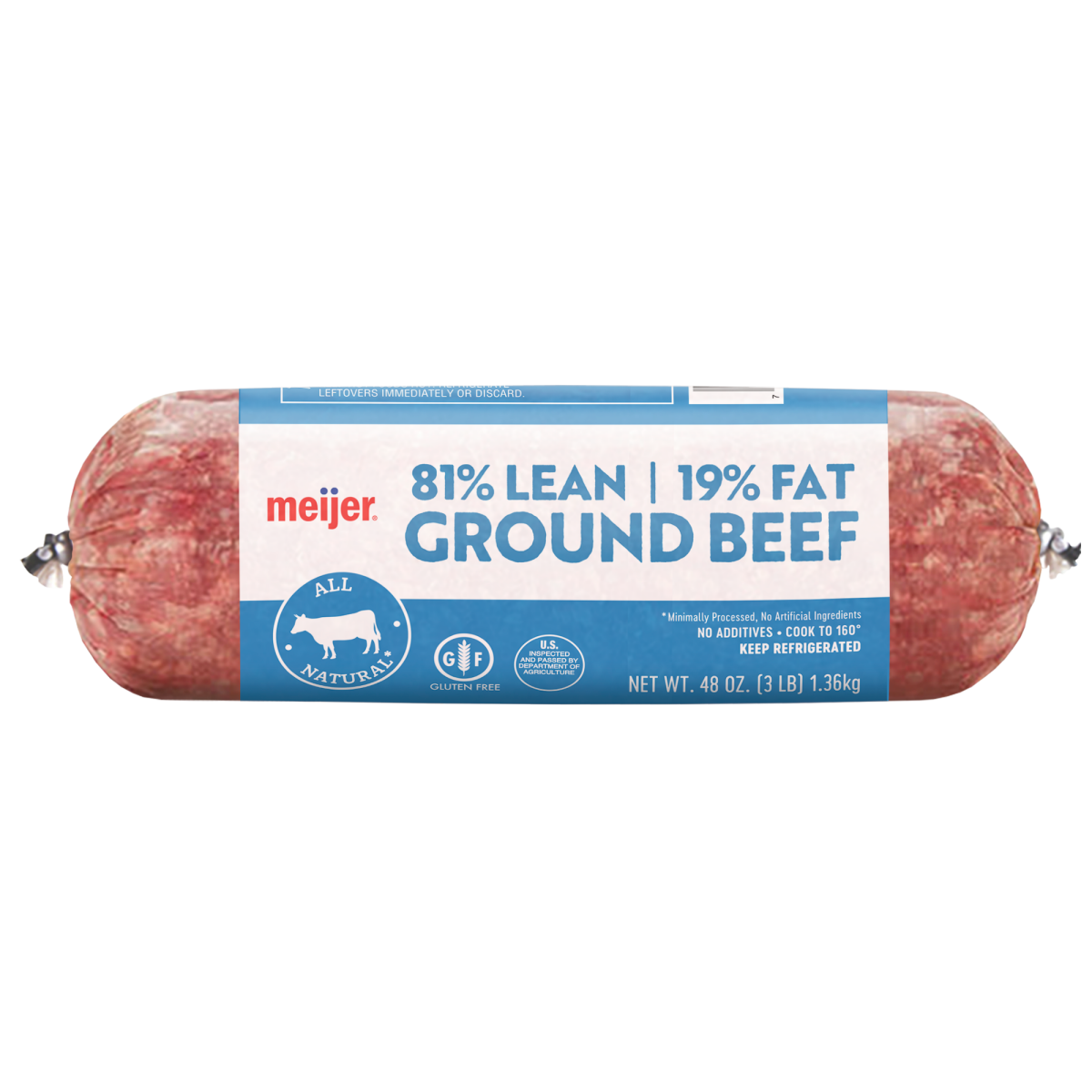 slide 1 of 9, Meijer 81/19 Ground Beef 3 LB Roll, 1 ct