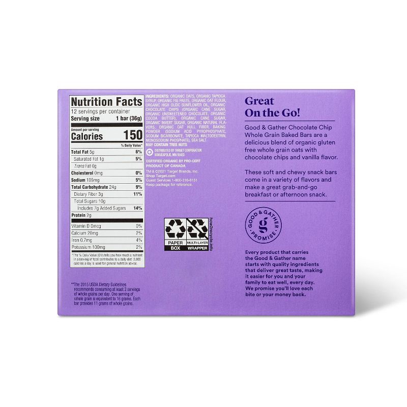 slide 3 of 4, Organic Chocolate Chip Whole Grain Baked Bar - 15.24oz/12ct - Good & Gather™, 15.24 oz, 12 ct