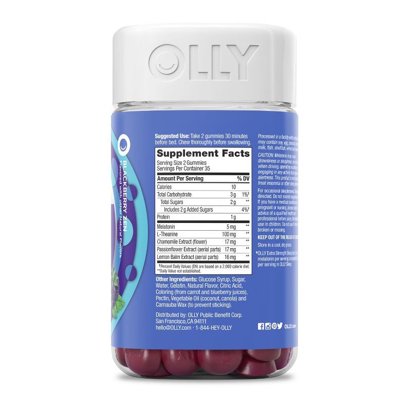 slide 3 of 7, OLLY Extra Strength Sleep Gummies Pouch with 5mg Melatonin - Blackberry Zen - 70ct, 5mg, 70 ct