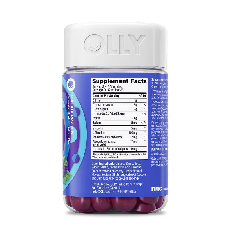 slide 5 of 9, OLLY Extra Strength Sleep Gummies with 5mg Melatonin - Blackberry Zen - 70ct, 5mg, 70 ct