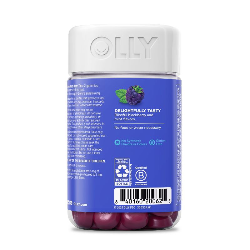 slide 7 of 9, OLLY Extra Strength Sleep Gummies with 5mg Melatonin - Blackberry Zen - 70ct, 5mg, 70 ct