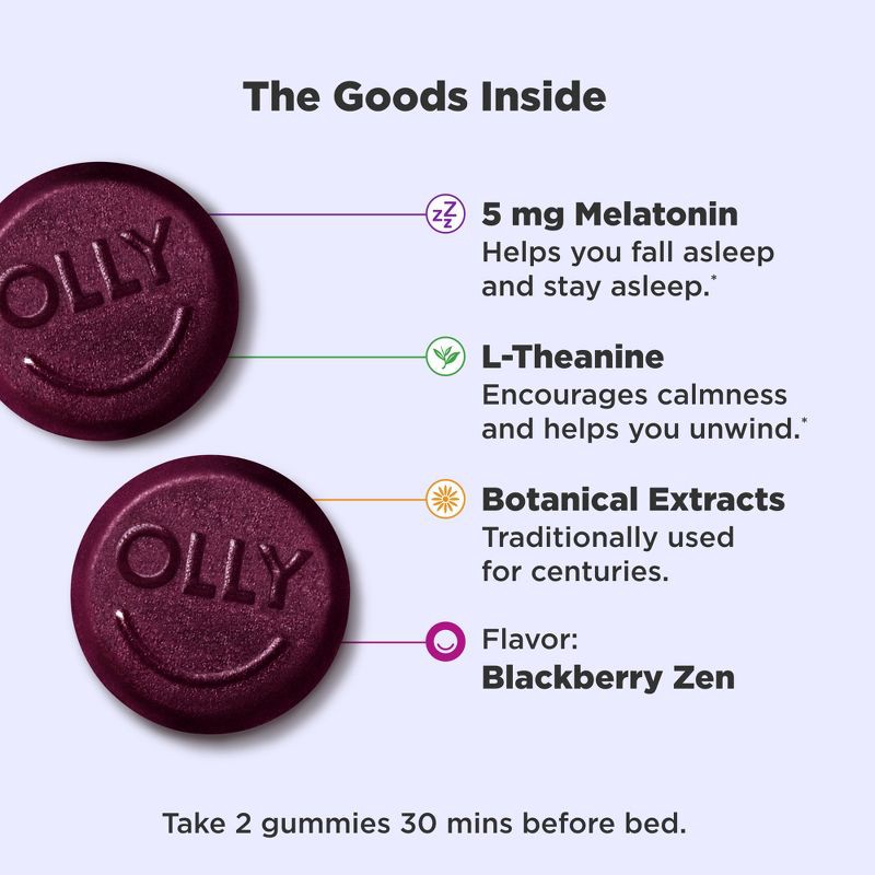 slide 7 of 7, OLLY Extra Strength Sleep Gummies Pouch with 5mg Melatonin - Blackberry Zen - 70ct, 5mg, 70 ct