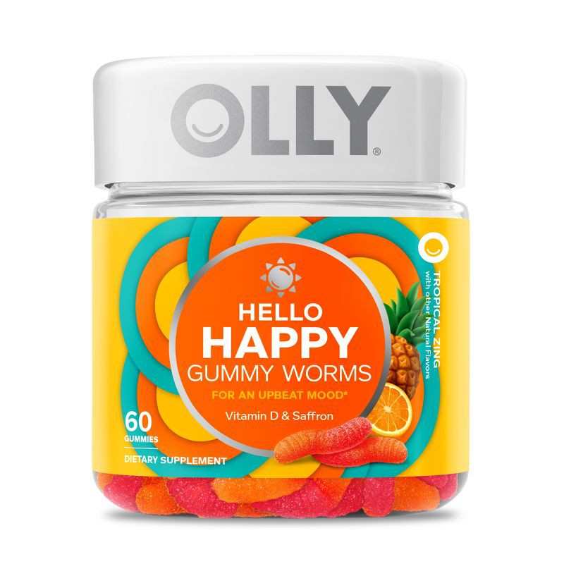 slide 1 of 6, OLLY Hello Happy Gummy Worm Supplements with Vitamin D and Saffron - 60ct, 60 ct