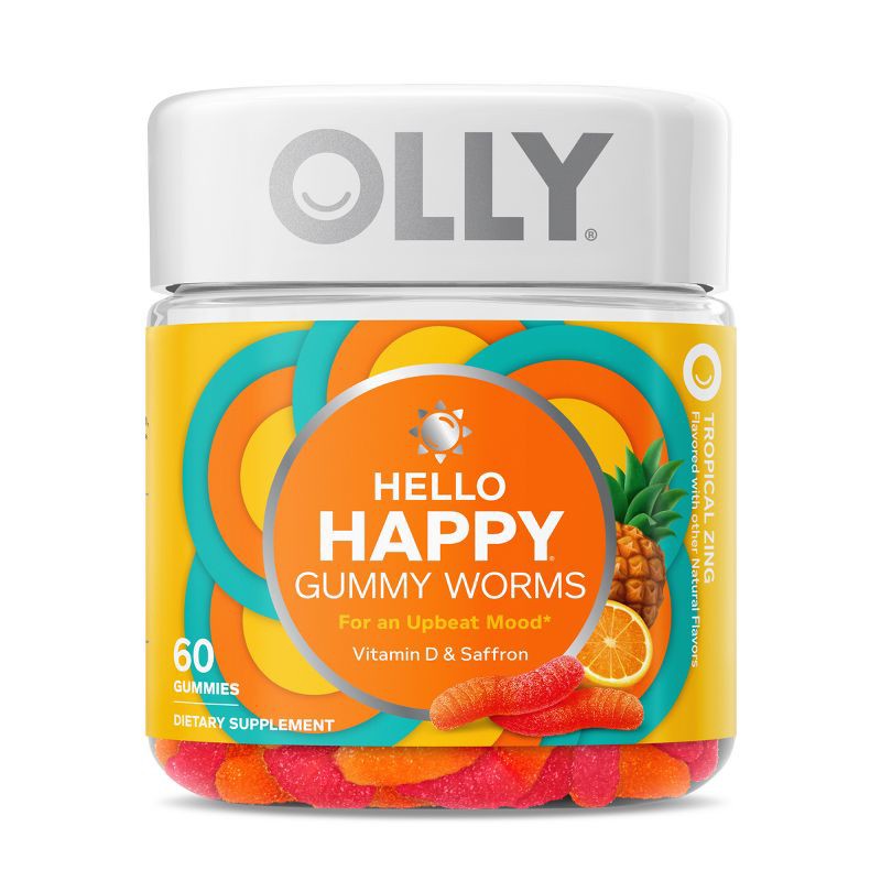 slide 1 of 9, OLLY Hello Happy Gummy Worm Supplements with Vitamin D and Saffron - 60ct, 60 ct