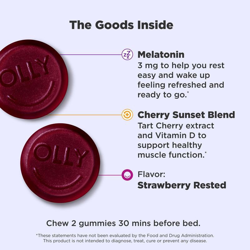 slide 3 of 7, OLLY Muscle Recovery Sleep Gummies with Melatonin, Tart Cherry & Vitamin D - Berry - 40ct, 40 ct