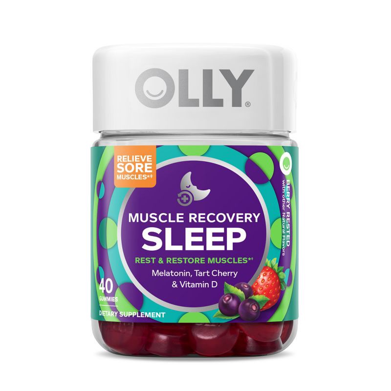 slide 1 of 7, OLLY Muscle Recovery Sleep Gummies with Melatonin, Tart Cherry & Vitamin D - Berry - 40ct, 40 ct