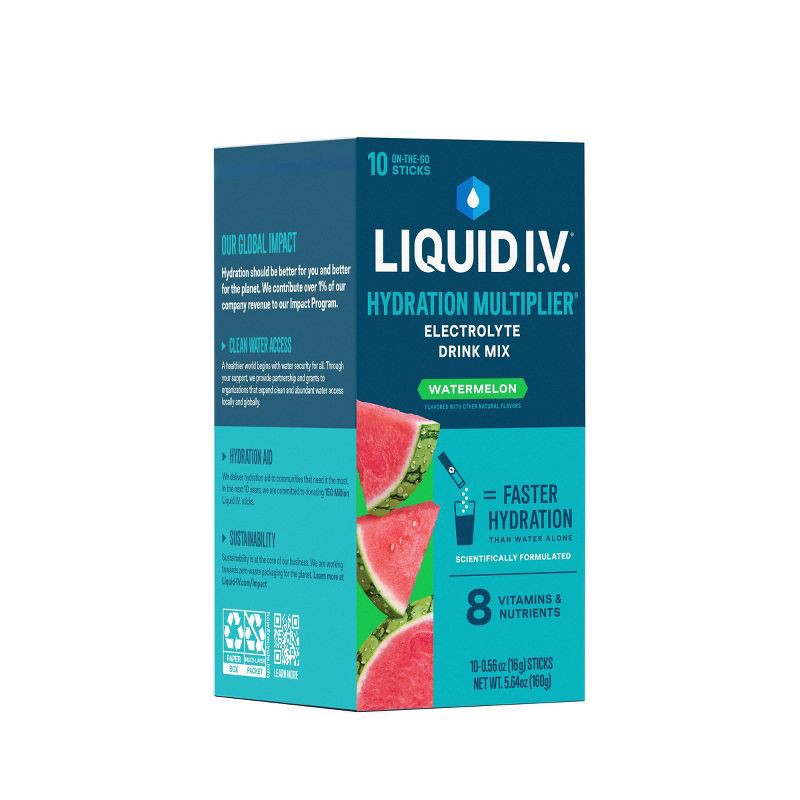 slide 4 of 10, Liquid I.V. Hydration Multiplier Vegan Powder Electrolyte Supplements - Watermelon - 0.56oz each/10ct, 0.56 oz, 10 ct