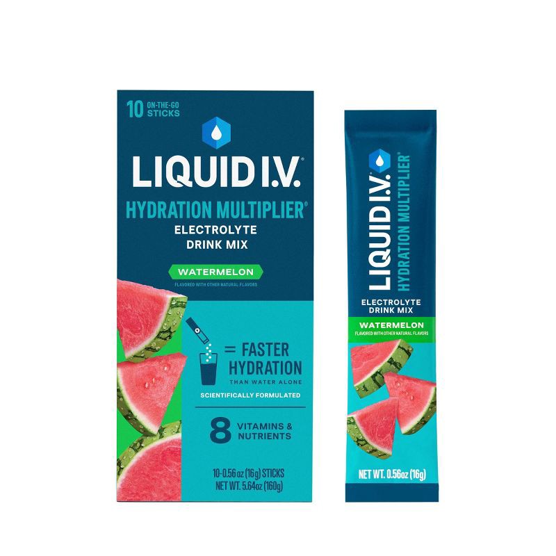 slide 1 of 10, Liquid I.V. Hydration Multiplier Vegan Powder Electrolyte Supplements - Watermelon - 0.56oz each/10ct, 0.56 oz, 10 ct