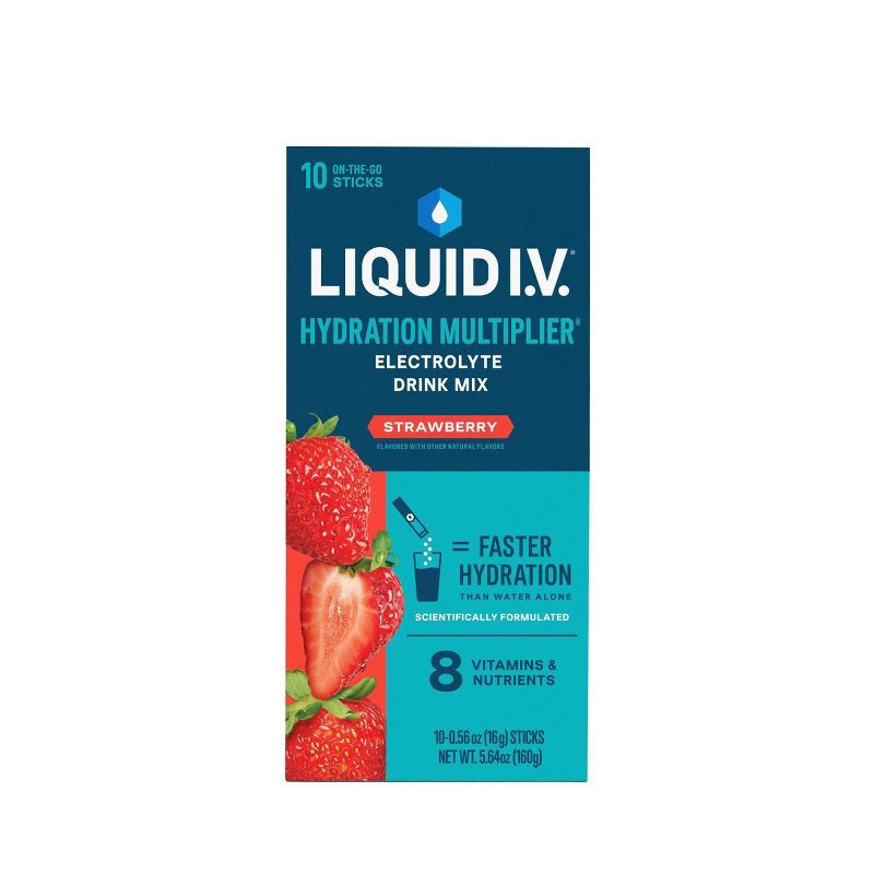 slide 2 of 10, Liquid I.V. Hydration Multiplier Vegan Powder Electrolyte Supplements - Strawberry - 0.56oz each/10ct, 0.56 oz, 10 ct