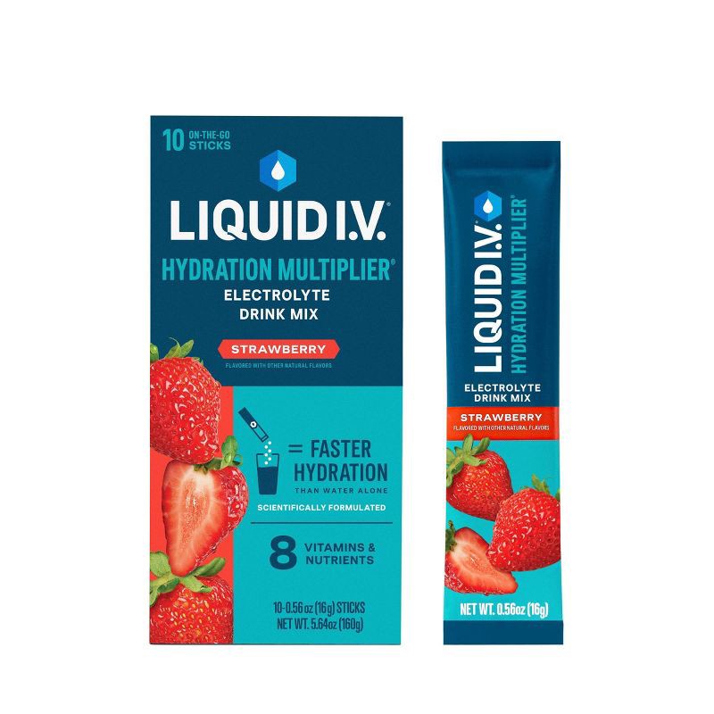 slide 1 of 10, Liquid I.V. Hydration Multiplier Vegan Powder Electrolyte Supplements - Strawberry - 0.56oz each/10ct, 0.56 oz, 10 ct