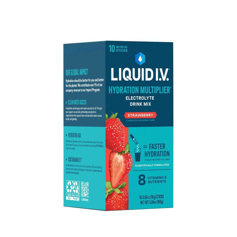 slide 4 of 10, Liquid I.V. Hydration Multiplier Vegan Powder Electrolyte Supplements - Strawberry - 0.56oz each/10ct, 0.56 oz, 10 ct