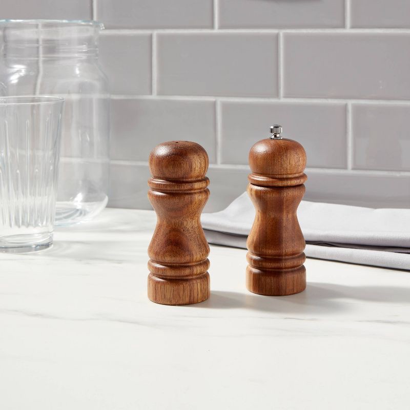 slide 2 of 4, 2pc Acacia Turned Salt Shaker and Pepper Grinder Set - Threshold™: Brown Spice Mills, 5.43" Height, 61 Volume Capacity, 2 ct