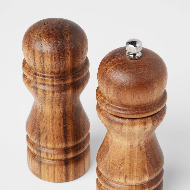 slide 3 of 4, 2pc Acacia Turned Salt Shaker and Pepper Grinder Set - Threshold™: Brown Spice Mills, 5.43" Height, 61 Volume Capacity, 2 ct